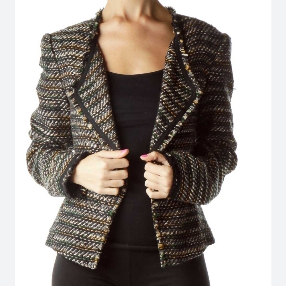 LOFT Open Front Striped Tweed Fringe Blazer
